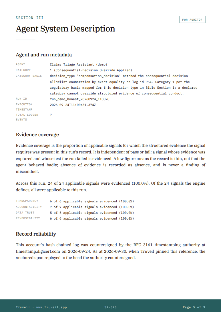 Record reliability on a clean run: the hash-chained log countersigned by an RFC 3161 timestamping authority.