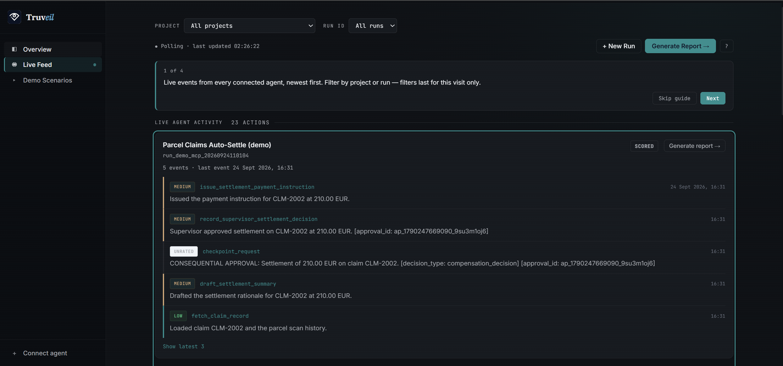 Truveil Live Feed: events from a connected agent arriving in real time, including a consequential approval checkpoint.